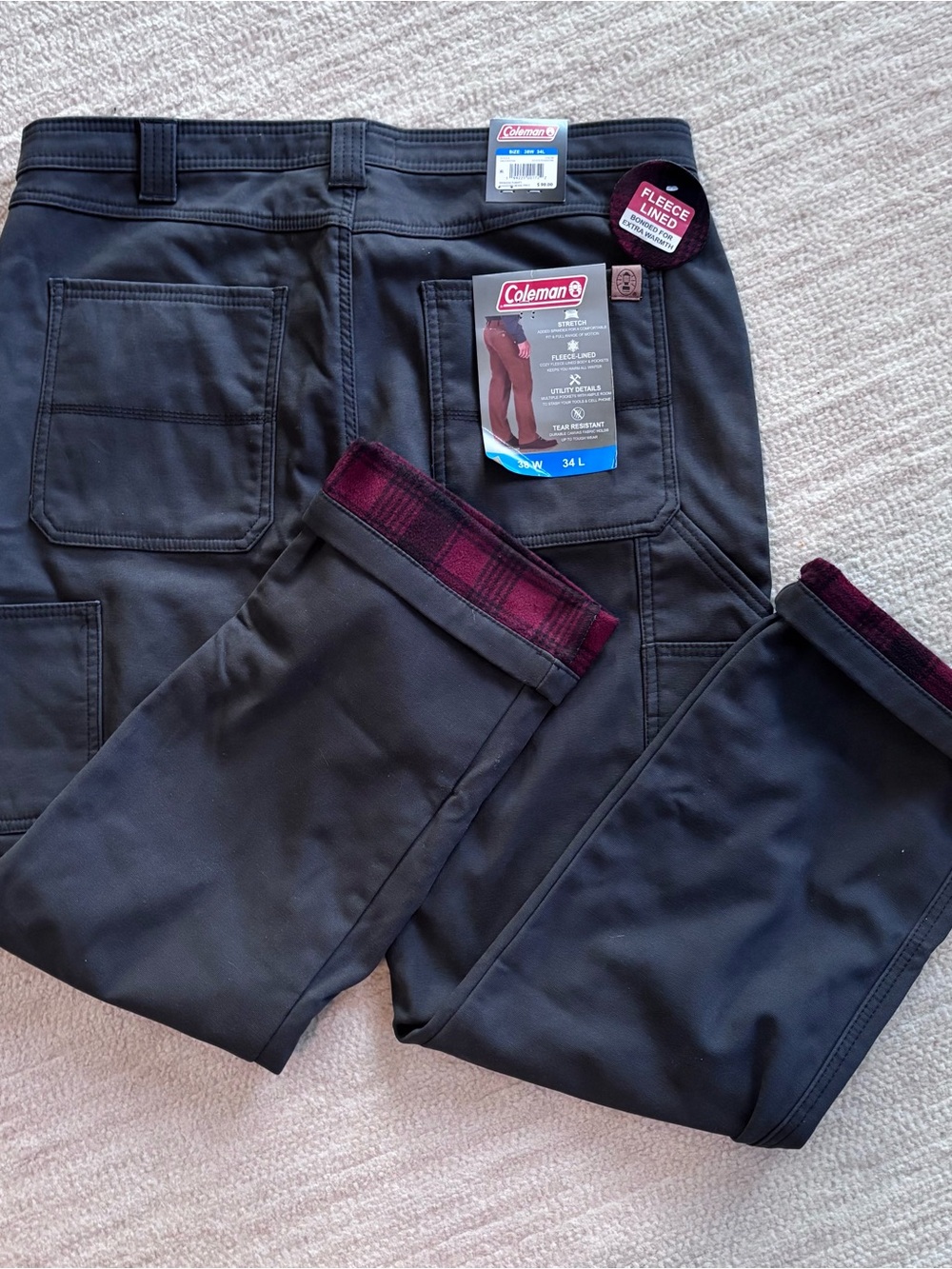 Coleman Men's Black Cargo Pants with Fleece Burgundy Plaid Lining